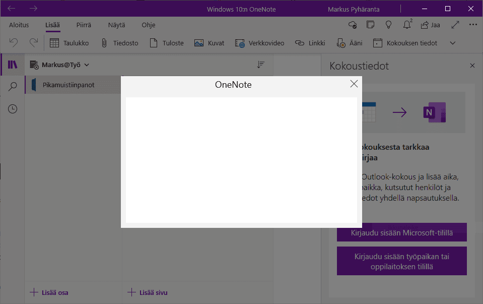 Kokoustiedot-toiminto ei toimi OneNote for Windows 10 -sovelluksessa -  Vetonaula
