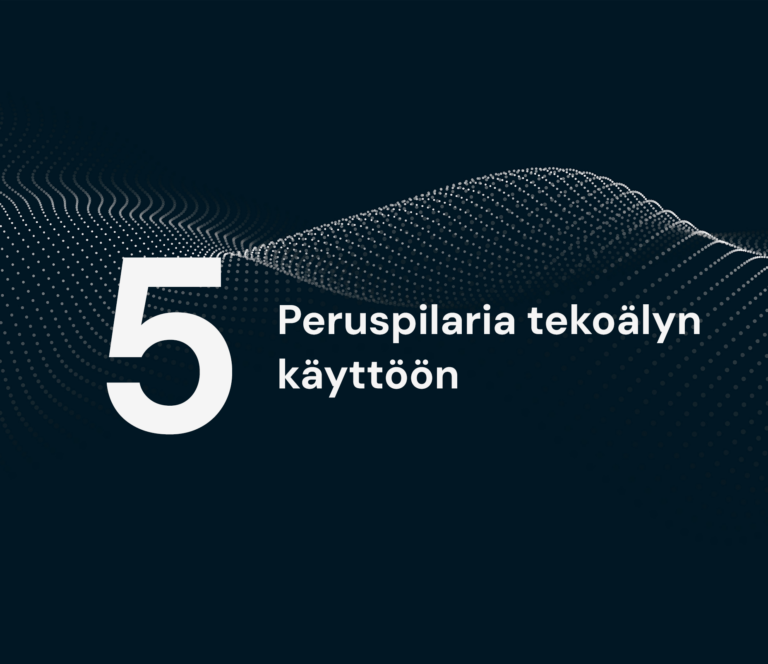 Infografiikka: 5 peruspilaria tekoälyn käyttöön, tummansininen tausta ja hiukkasaallot