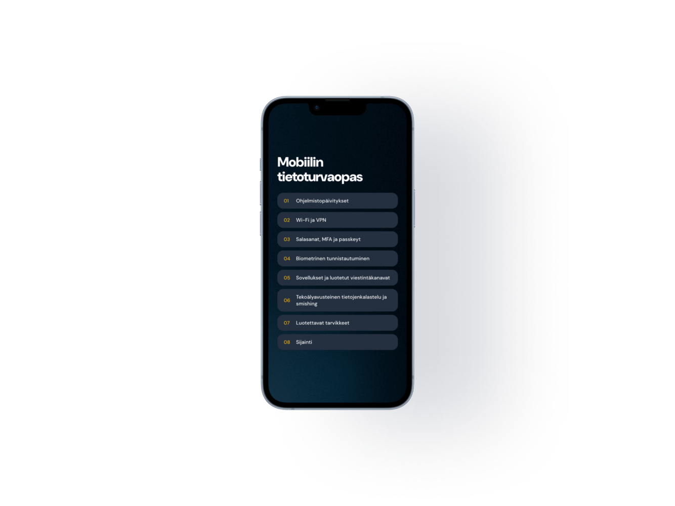 Älypuhelin kuvastamassa yrityksen mobiililaitteiden tietoturvaa. Mobiililaitteiden tietoturvaoppaas kuvituskuva.