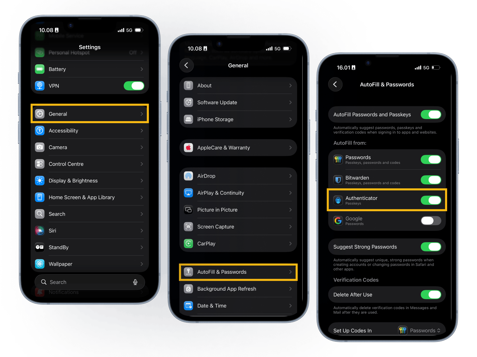 Kolme iPhonen näyttökuvaa, joissa edetään Asetuksista kohtaan Yleiset ja sieltä kohtaan Automaattinen täyttö ja salasanat, jossa Authenticator on kytketty päälle.