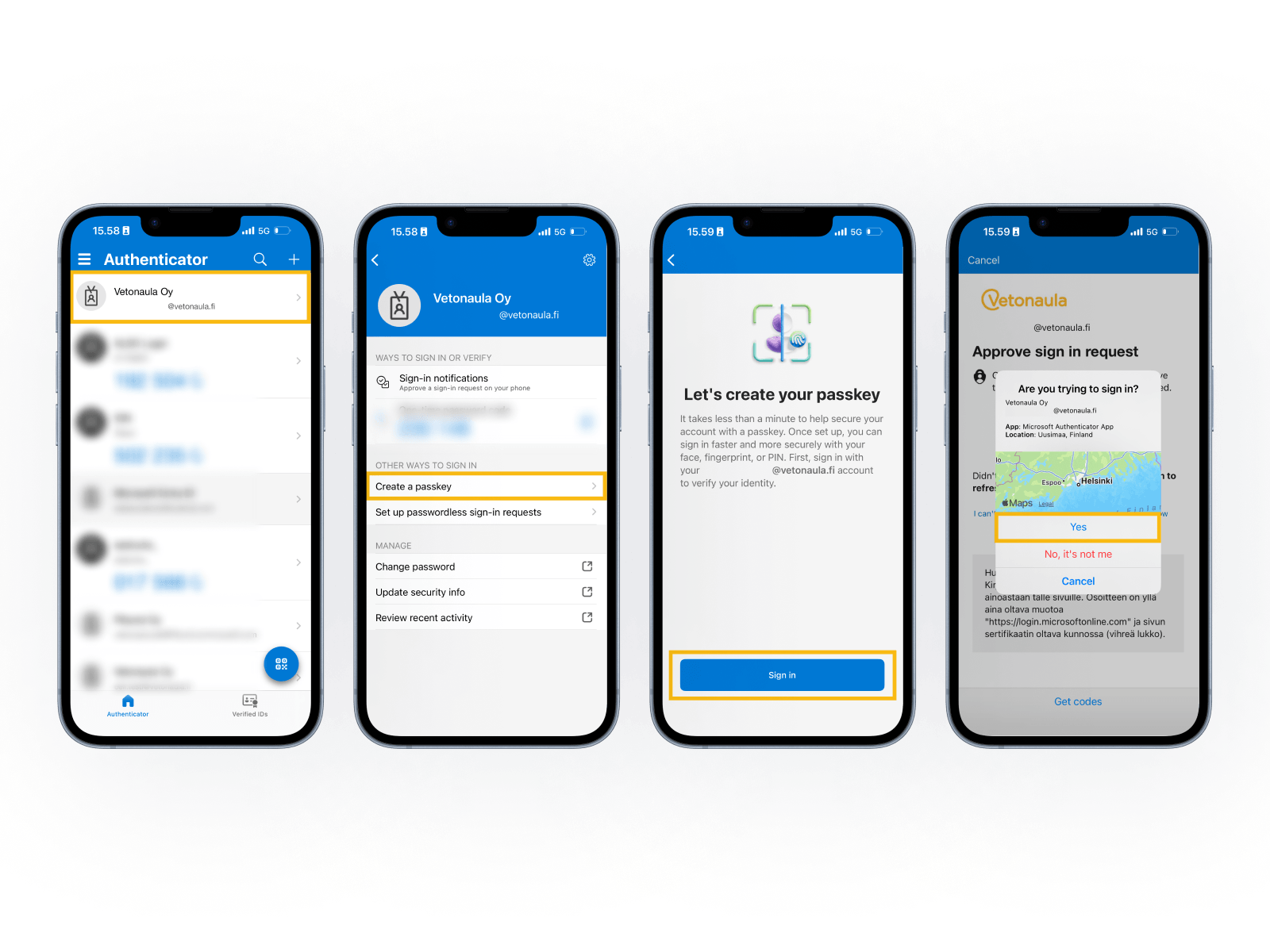 Neljä iPhonen näyttökuvaa Microsoft Authenticator -sovelluksesta: työtilin valinta, Create a passkey -valinta, Let's create your passkey -näkymä ja kirjautumispyynnön hyväksyminen.