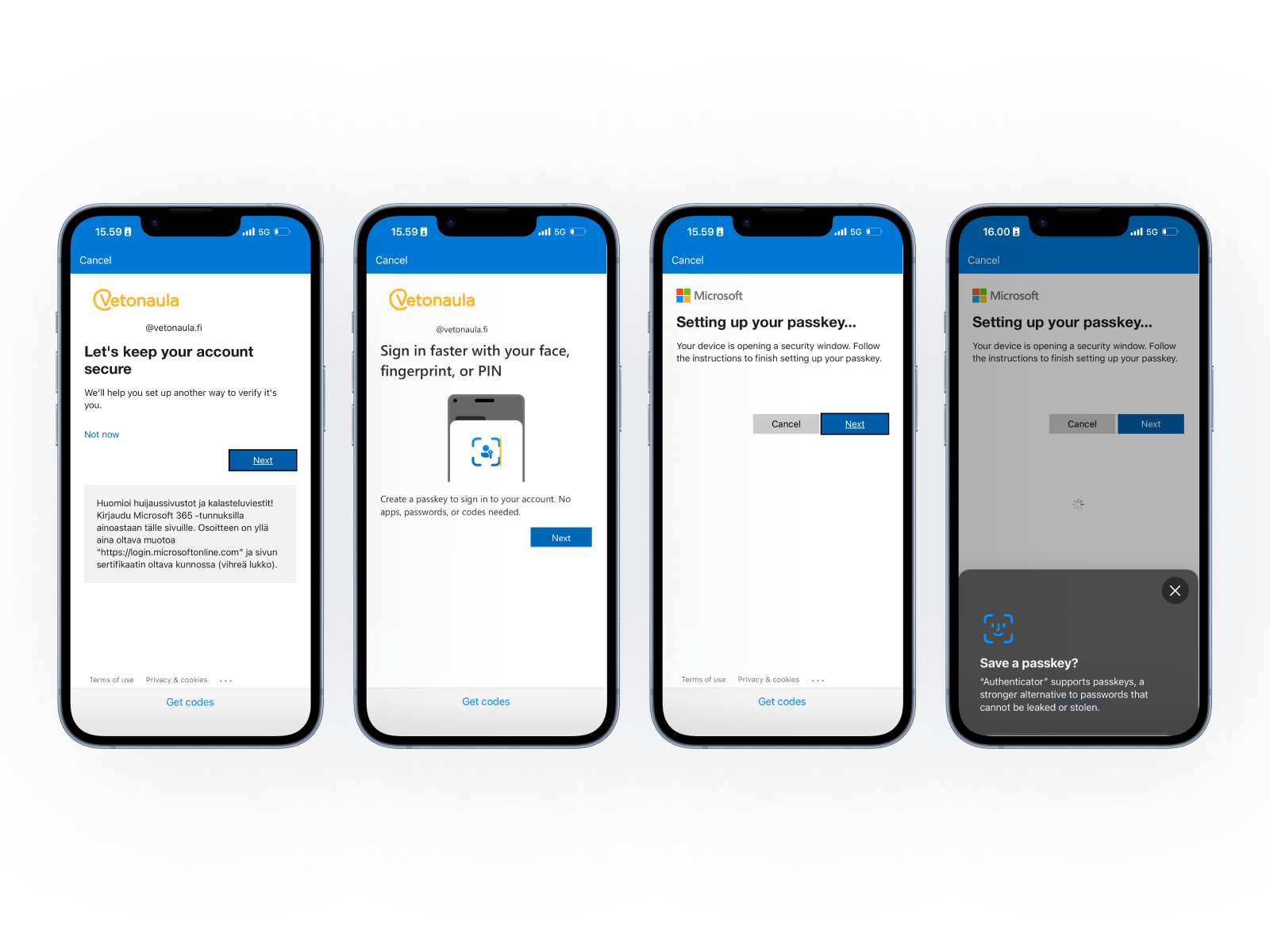Neljä iPhonen näyttökuvaa passkeyn luonnista: Let's keep your account secure, Sign in faster with your face fingerprint or PIN, Setting up your passkey sekä Save a passkey -kysely.