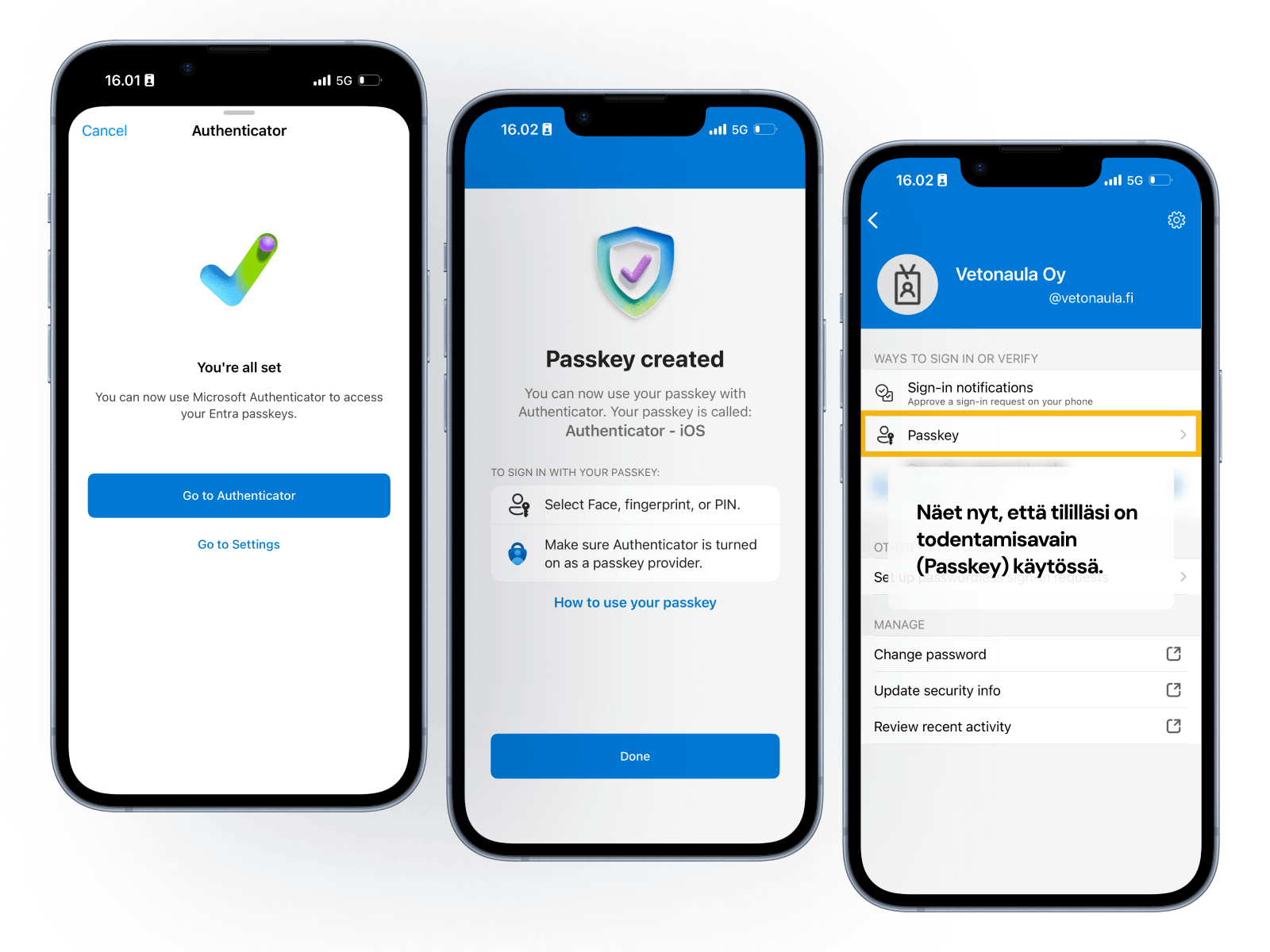 Kolme iPhonen näyttökuvaa passkeyn käyttöönoton jälkeen: You're all set -vahvistus, Passkey created -vahvistus ja tilinäkymä, jossa Passkey näkyy käytössä olevana kirjautumistapana.