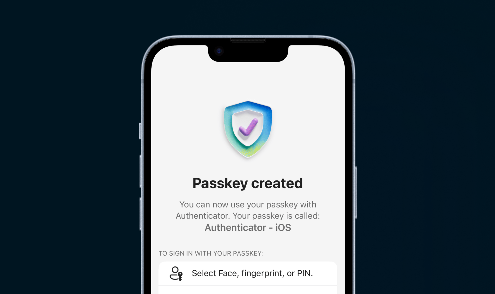 iPhonen näyttökuva, jossa Microsoft Authenticator vahvistaa passkeyn luonnin onnistuneen ("Passkey created"). Passkey-artikkelin kansikuvan pienoiskoko.